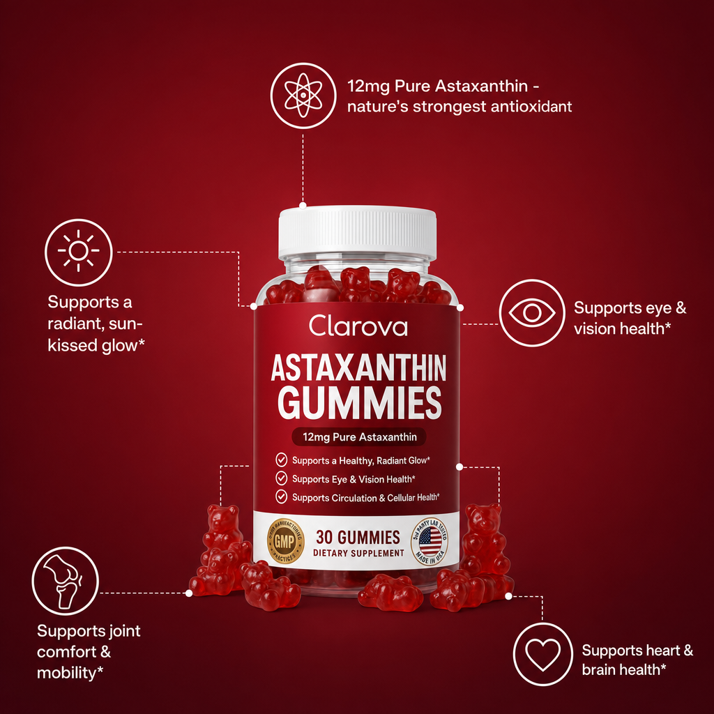 Clarova Astaxanthin Gummies — product benefit callouts