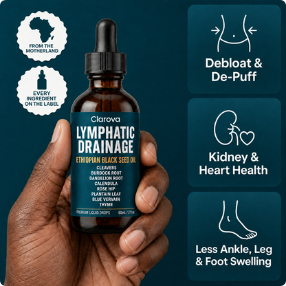 Clarova Lymphatic Drainage Drops with Ethiopian black seed oil, held in hand